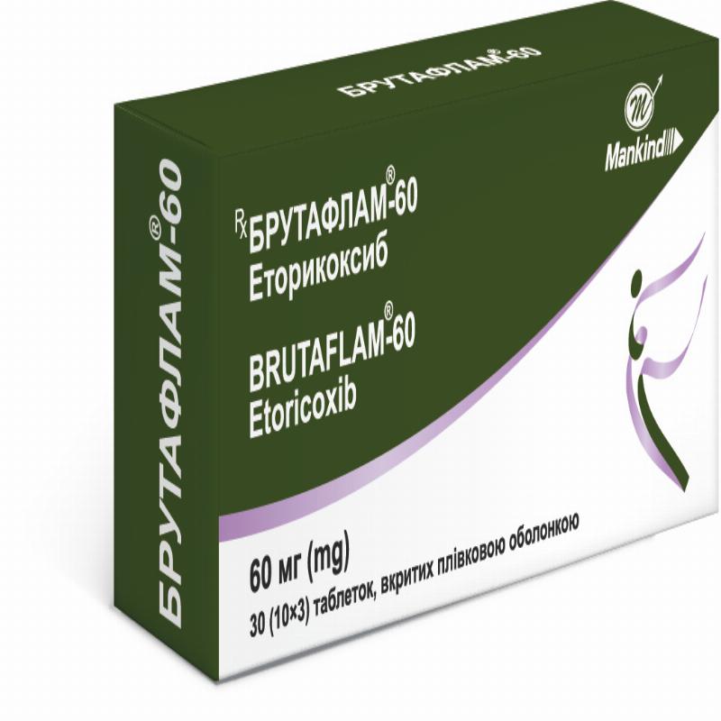 БРУТАФЛАМ®-60 таблетки, вкриті плівковою оболонкою, по 60 мг по 10 таблеток у блістері; по 3 блістери в картонній упаковці
